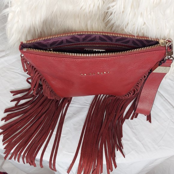 Deep Red Trina Turk Fringe bag with wristlet. Like New. Medium size. - Picture 5 of 5